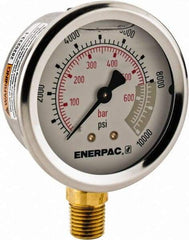 Enerpac - 0 to 10,000 psi Pressure Rating, 1/4 NPTF Gauge Connection, Hydraulic Pressure Liquid Filled Gage - 2-1/2" Face Diam - Eagle Tool & Supply