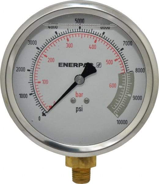 Enerpac - 0 to 10,000 psi Pressure Rating, 1/4 NPTF Gauge Connection, Hydraulic Pressure Liquid Filled Gage - 4" Face Diam - Eagle Tool & Supply