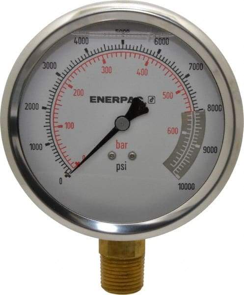 Enerpac - 0 to 10,000 psi Pressure Rating, 1/2 NPTF Gauge Connection, Hydraulic Pressure Liquid Filled Gage - 4" Face Diam - Eagle Tool & Supply