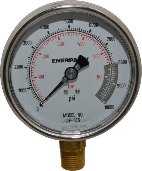 Enerpac - 0 to 10,000 psi Pressure Rating, 1/2 NPTF Gauge Connection, Hydraulic Pressure Dry Gage - 4" Face Diam - Eagle Tool & Supply