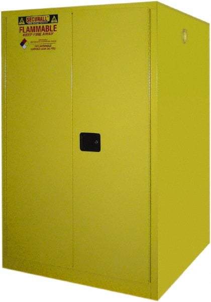 Securall Cabinets - 43" Wide x 31" Deep x 65" High, 18 Gauge Steel Vertical Drum Cabinet with 3 Point Key Lock - Yellow, Manual Closing Door, 1 Shelf, 2 Drums, Drum Rollers Included - Eagle Tool & Supply