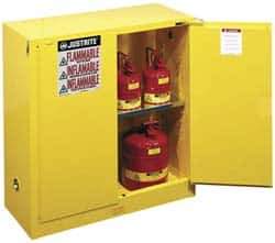 Justrite - 2 Door, 1 Shelf, Yellow Steel Standard Safety Cabinet for Flammable and Combustible Liquids - 44" High x 43" Wide x 18" Deep, Self Closing Door, 3 Point Key Lock, 30 Gal Capacity - Eagle Tool & Supply