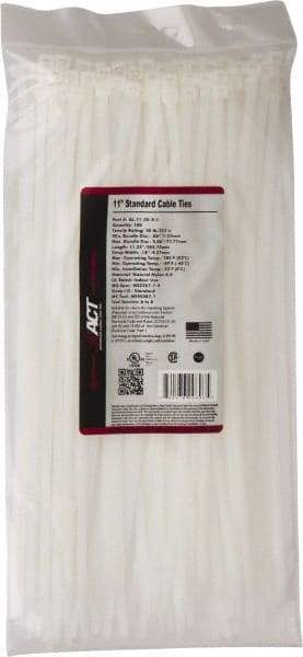 Made in USA - 11-1/4" Long Natural (Color) Nylon Standard Cable Tie - 50 Lb Tensile Strength, 1.32mm Thick, 77.78mm Max Bundle Diam - Eagle Tool & Supply