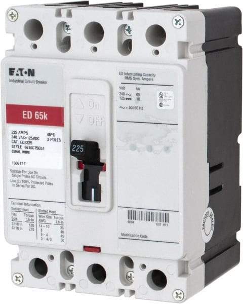 Eaton Cutler-Hammer - 225 Amp, 125 VDC, 240 VAC, 3 Pole, Molded Case Circuit Breaker - Thermal Magnetic Trip, 65 kA at 240 VAC Breaking Capacity, 4-4/0 AWG, 3-3/8 Inch Deep x 6 Inch High x 4-1/8 Inch Wide - Eagle Tool & Supply