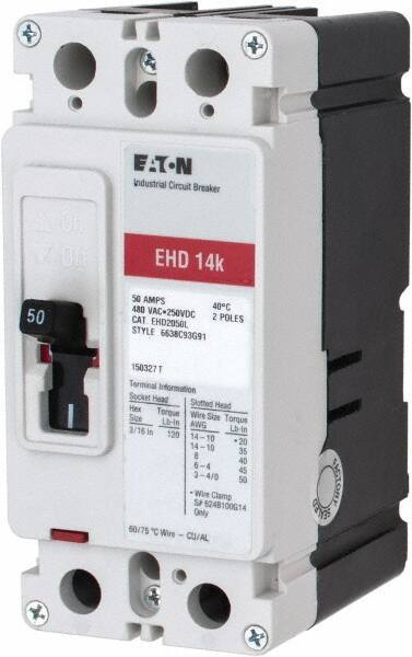 Eaton Cutler-Hammer - 50 Amp, 250 VDC, 480 VAC, 2 Pole, Molded Case Circuit Breaker - Thermal Magnetic Trip, Multiple Breaking Capacity Ratings, 14-1/0 AWG, 3-3/8 Inch Deep x 6 Inch High x 2-3/4 Inch Wide - Eagle Tool & Supply