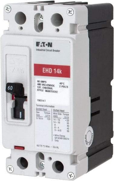 Eaton Cutler-Hammer - 60 Amp, 250 VDC, 480 VAC, 2 Pole, Molded Case Circuit Breaker - Thermal Magnetic Trip, 18 kA at 240 VAC Breaking Capacity, 14-1/0 AWG, 3-3/8 Inch Deep x 6 Inch High x 2-3/4 Inch Wide - Eagle Tool & Supply