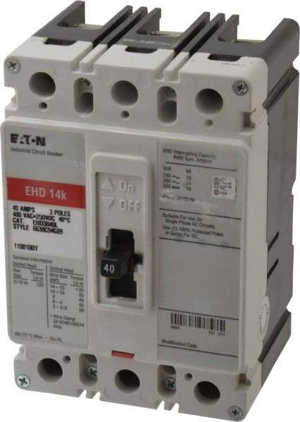 Eaton Cutler-Hammer - 40 Amp, 250 VDC, 480 VAC, 3 Pole, Molded Case Circuit Breaker - Thermal Magnetic Trip, 18 kA at 240 VAC Breaking Capacity, 14-1/0 AWG, 3-3/8 Inch Deep x 6 Inch High x 4-1/8 Inch Wide - Eagle Tool & Supply