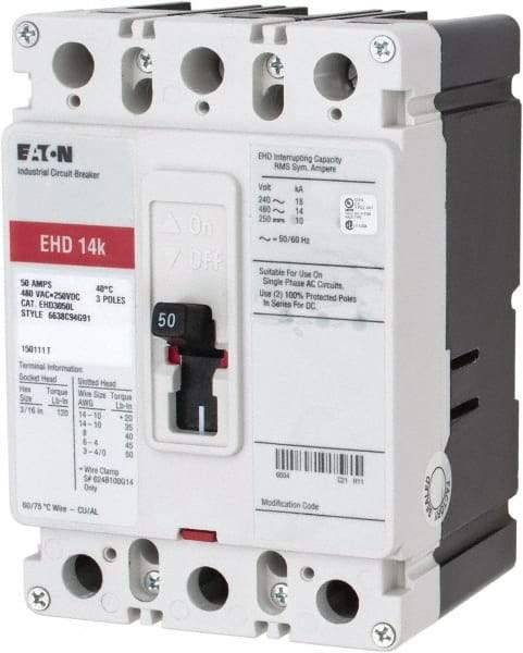 Eaton Cutler-Hammer - 50 Amp, 250 VDC, 480 VAC, 3 Pole, Molded Case Circuit Breaker - Thermal Magnetic Trip, 18 kA at 240 VAC Breaking Capacity, 14-1/0 AWG, 3-3/8 Inch Deep x 6 Inch High x 4-1/8 Inch Wide - Eagle Tool & Supply