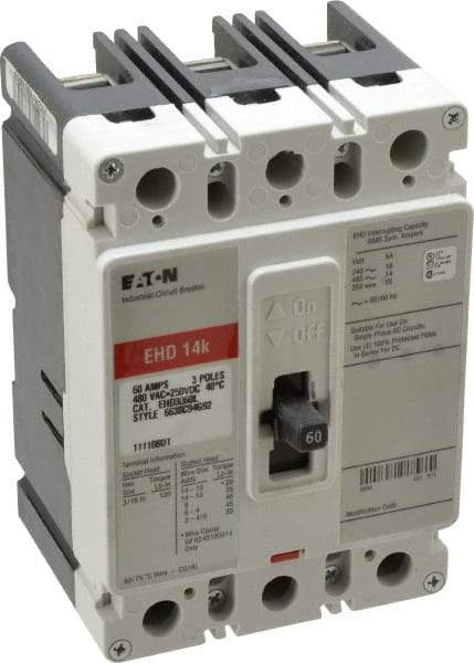 Eaton Cutler-Hammer - 60 Amp, 250 VDC, 480 VAC, 3 Pole, Molded Case Circuit Breaker - Thermal Magnetic Trip, 18 kA at 240 VAC Breaking Capacity, 14-1/0 AWG, 3-3/8 Inch Deep x 6 Inch High x 4-1/8 Inch Wide - Eagle Tool & Supply