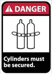 NMC - "Danger - Cylinders Must Be Secured", 14" Long x 10" Wide, Pressure-Sensitive Vinyl Safety Sign - Rectangle, 0.004" Thick, Use for Accident Prevention - Eagle Tool & Supply