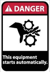 NMC - "Danger - This Equipment Starts Automatically", 14" Long x 10" Wide, Pressure-Sensitive Vinyl Safety Sign - Rectangle, 0.004" Thick, Use for Accident Prevention - Eagle Tool & Supply