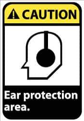 NMC - "Caution - Ear Protection Area", 14" Long x 10" Wide, Pressure-Sensitive Vinyl Safety Sign - Rectangle, 0.004" Thick, Use for Accident Prevention - Eagle Tool & Supply