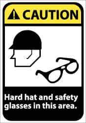 NMC - "Caution - Hard Hat and Safety Glasses in This Area", 14" Long x 10" Wide, Pressure-Sensitive Vinyl Safety Sign - Rectangle, 0.004" Thick, Use for Accident Prevention - Eagle Tool & Supply