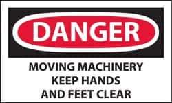NMC - Accident Prevention Label, Header: DANGER - Legend: Danger - Moving Machinery - Keep Hands and Feet Clear, English, Red, Black & White, 5" Long x 3" High, Sign Muscle Finish - Eagle Tool & Supply