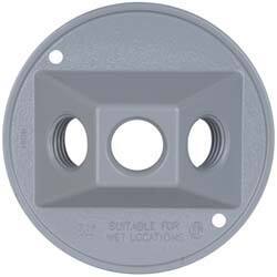 Cooper Crouse-Hinds - 3 Outlet, 1/2" Hole Diam, Powder Coat Finish, Round Noncorrosive Weatherproof Box Cover - 4-1/2" Wide x 9/16" High, Wet Locations, Aluminum, UL Listed - Eagle Tool & Supply