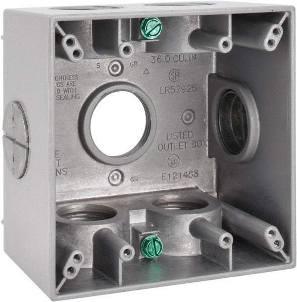 Cooper Crouse-Hinds - 2 Gang, (7) 1" Knockouts, Aluminum Square Outlet Box - 4-1/2" Overall Height x 4-1/2" Overall Width x 2-21/32" Overall Depth, Weather Resistant - Eagle Tool & Supply