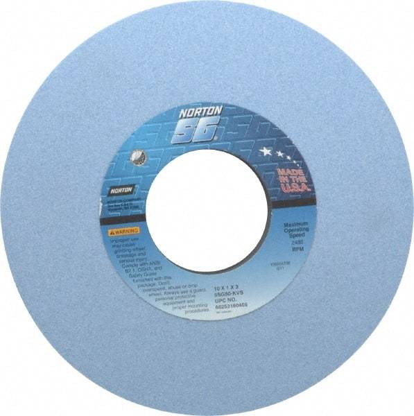 Norton - 10" Diam x 3" Hole x 1" Thick, K Hardness, 60 Grit Surface Grinding Wheel - Ceramic, Type 1, Medium Grade, 2,485 Max RPM, Vitrified Bond, No Recess - Eagle Tool & Supply
