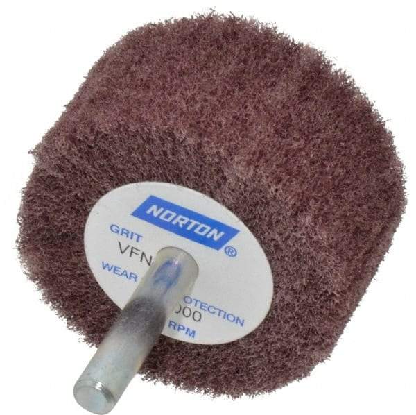 Norton - 2" Diam x 1" Face Width, Very Fine Aluminum Oxide Nonwoven Mounted Flap Wheel - 1/4" Shank Mount, 22,000 Max RPM - Eagle Tool & Supply