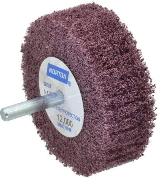 Norton - 3" Diam x 1" Face Width, Medium Aluminum Oxide Nonwoven Mounted Flap Wheel - 1/4" Shank Mount, 18,000 Max RPM - Eagle Tool & Supply