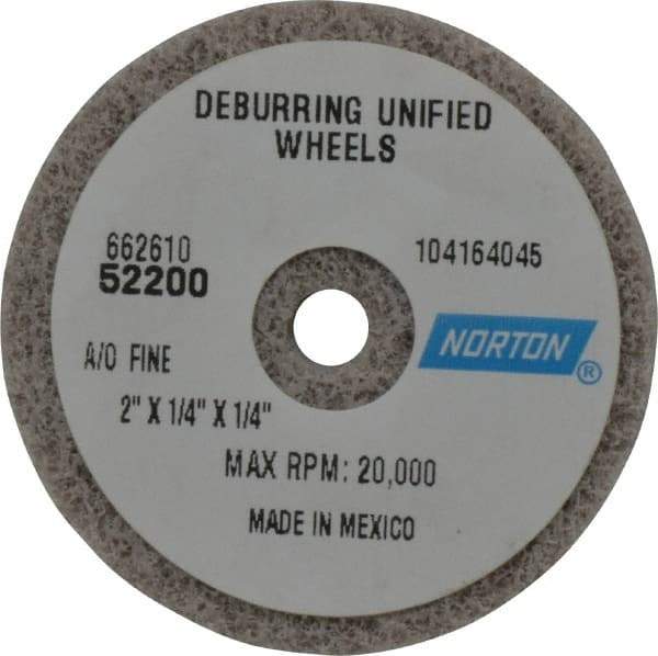 Norton - 2" Diam, 1/4" Face Width, 1/4" Center Hole, Very Fine Grade, Aluminum Oxide Deburring Wheel - Unitized, Medium Grade, 20,000 RPM - Eagle Tool & Supply