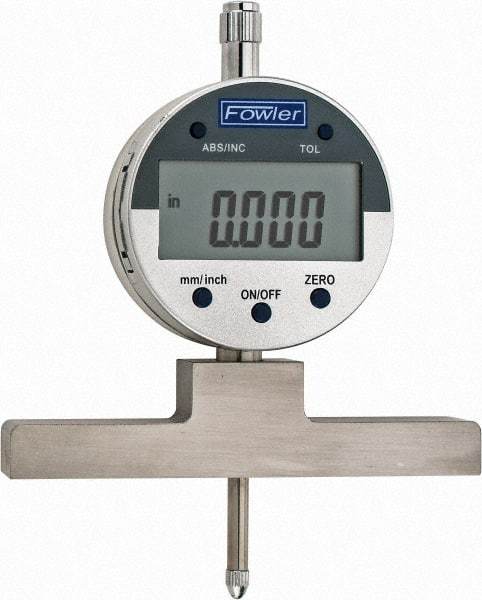 Fowler - 0" to 22" Alloy Steel Electronic Depth Gage - 0.0008" Accuracy, 0.01mm Resolution, 4" Base Length - Eagle Tool & Supply