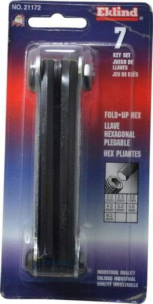 Eklind - 7 Piece Fold-Up Hex Key Set - Hex Range 2 to 8mm, Alloy Steel - Eagle Tool & Supply