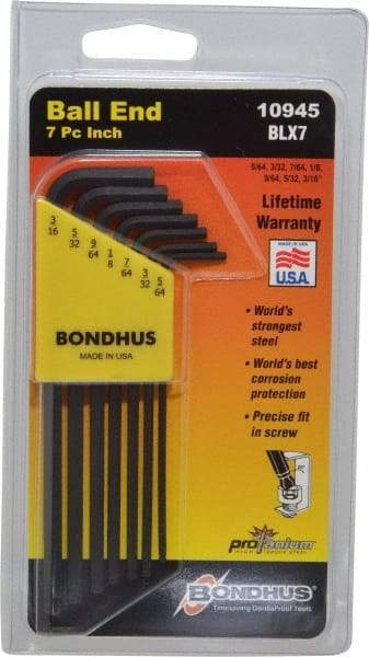 Bondhus - 7 Piece L-Key Ball End Hex Key Set - Hex Range 5/64 to 3/16" - Eagle Tool & Supply