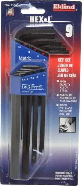 Eklind - 9 Piece L-Key Hex Key Set - Hex Range 1.5 to 10mm - Eagle Tool & Supply