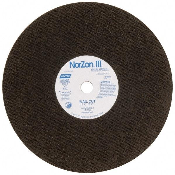 Norton - 14" 30 Grit Zirconia Alumina Cutoff Wheel - 1/8" Thick, 1" Arbor, 5,400 Max RPM, Use with Electric & Gas Powered Saws - Eagle Tool & Supply