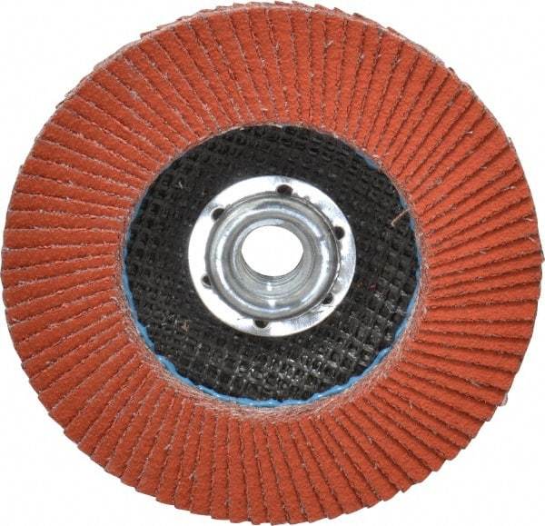 3M - 80 Grit, 4-1/2" Disc Diam, 5/8-11 Center Hole, Type 27 Ceramic Flap Disc - 13,300 Max RPM, Cloth Backing, Arbor Attaching System, Coated - Eagle Tool & Supply