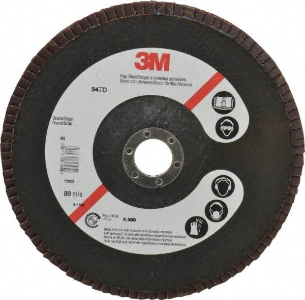 3M - 40 Grit, 7" Disc Diam, 7/8" Center Hole, Type 27 Ceramic Flap Disc - 8,600 Max RPM, Cloth Backing, Arbor Attaching System, Coated - Eagle Tool & Supply