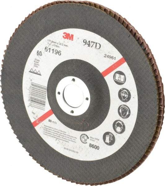 3M - 60 Grit, 7" Disc Diam, 7/8" Center Hole, Type 27 Ceramic Flap Disc - 8,600 Max RPM, Cloth Backing, Arbor Attaching System, Coated - Eagle Tool & Supply