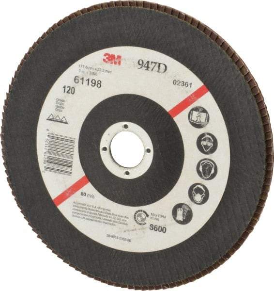 3M - 120 Grit, 7" Disc Diam, 7/8" Center Hole, Type 27 Ceramic Flap Disc - 8,600 Max RPM, Cloth Backing, Arbor Attaching System, Coated - Eagle Tool & Supply