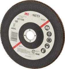 3M - 120 Grit, 7" Disc Diam, 7/8" Center Hole, Type 27 Ceramic Flap Disc - 8,600 Max RPM, Cloth Backing, Arbor Attaching System, Coated - Eagle Tool & Supply