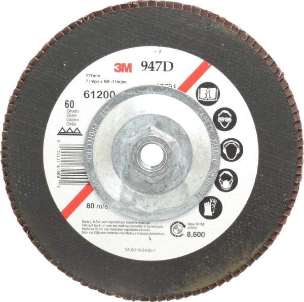 3M - 60 Grit, 7" Disc Diam, 5/8-11 Center Hole, Type 27 Ceramic Flap Disc - 8,600 Max RPM, Cloth Backing, Arbor Attaching System, Coated - Eagle Tool & Supply