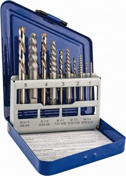 Irwin - 10 Piece Spiral Flute Screw Extractor & Drill Set - Screw Range 3/16 to 3/4" - Eagle Tool & Supply