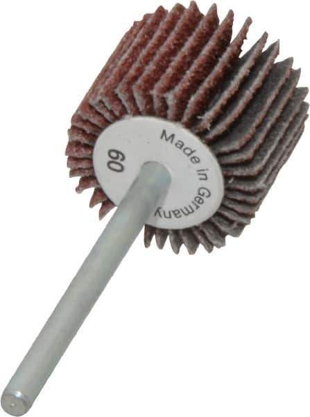 Value Collection - 3/4" Diam x 5/8" Face Width, Medium Aluminum Oxide Coated Mounted Flap Wheel - 1/8" Shank Mount, 60 Grit, X Weighted Cloth Backing, 35,000 Max RPM - Eagle Tool & Supply