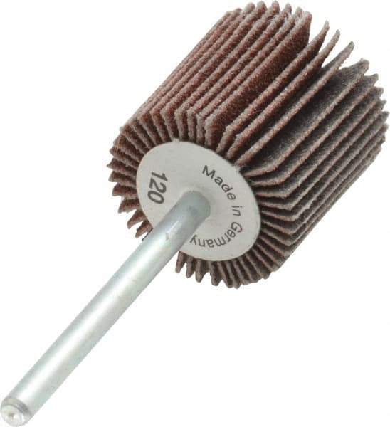 Value Collection - 3/4" Diam x 3/4" Face Width, Fine Aluminum Oxide Coated Mounted Flap Wheel - 1/8" Shank Mount, 120 Grit, X Weighted Cloth Backing, 35,000 Max RPM - Eagle Tool & Supply