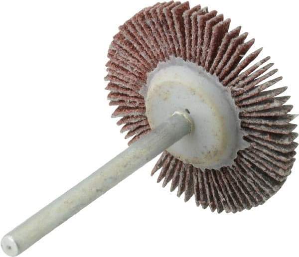 Value Collection - 1-3/16" Diam x 1/8" Face Width, Fine Aluminum Oxide Coated Mounted Flap Wheel - 1/8" Shank Mount, 120 Grit, X Weighted Cloth Backing, 30,000 Max RPM - Eagle Tool & Supply
