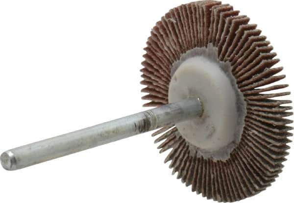 Value Collection - 1-3/16" Diam x 1/8" Face Width, Extra Fine Aluminum Oxide Coated Mounted Flap Wheel - 1/8" Shank Mount, 320 Grit, X Weighted Cloth Backing, 30,000 Max RPM - Eagle Tool & Supply