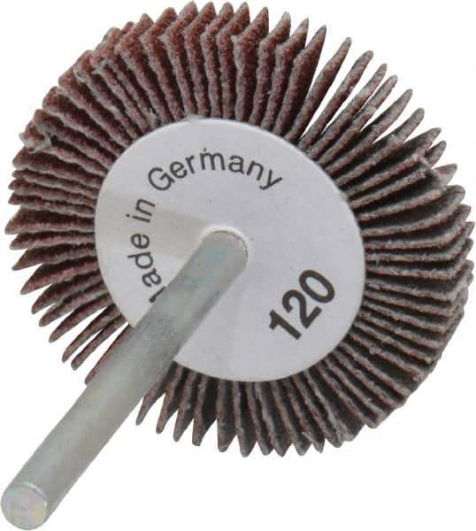Value Collection - 1-3/16" Diam x 3/16" Face Width, Fine Aluminum Oxide Coated Mounted Flap Wheel - 1/8" Shank Mount, 120 Grit, X Weighted Cloth Backing, 30,000 Max RPM - Eagle Tool & Supply