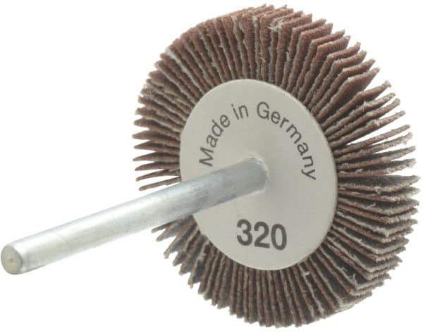 Value Collection - 1-3/16" Diam x 3/16" Face Width, Extra Fine Aluminum Oxide Coated Mounted Flap Wheel - 1/8" Shank Mount, 320 Grit, X Weighted Cloth Backing, 30,000 Max RPM - Eagle Tool & Supply