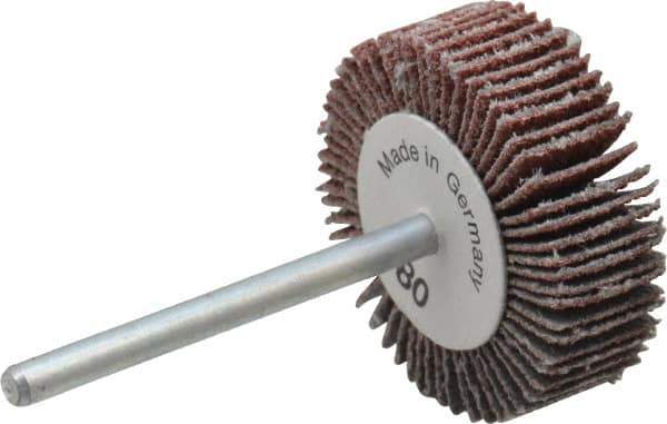 Value Collection - 1-3/16" Diam x 3/8" Face Width, Medium Aluminum Oxide Coated Mounted Flap Wheel - 1/8" Shank Mount, 80 Grit, X Weighted Cloth Backing, 30,000 Max RPM - Eagle Tool & Supply