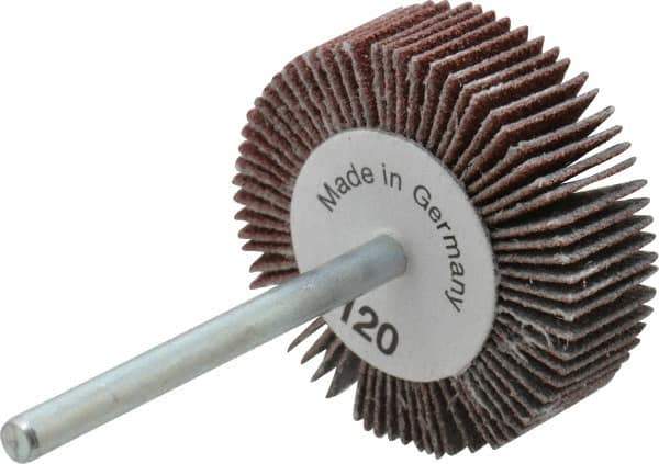 Value Collection - 1-3/16" Diam x 3/8" Face Width, Fine Aluminum Oxide Coated Mounted Flap Wheel - 1/8" Shank Mount, 120 Grit, X Weighted Cloth Backing, 30,000 Max RPM - Eagle Tool & Supply