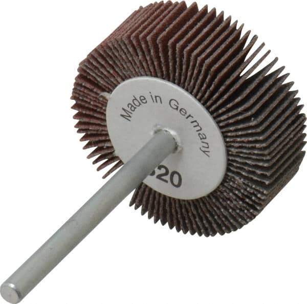 Value Collection - 1-3/16" Diam x 3/8" Face Width, Extra Fine Aluminum Oxide Coated Mounted Flap Wheel - 1/8" Shank Mount, 320 Grit, X Weighted Cloth Backing, 30,000 Max RPM - Eagle Tool & Supply