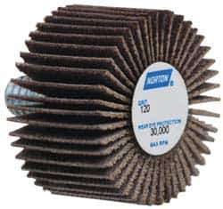 Norton - 1" Diam x 5/8" Face Width, Fine Aluminum Oxide Coated Mounted Flap Wheel - 1/4-20 Threaded Mount, 120 Grit, Cloth Backing, 30,000 Max RPM - Eagle Tool & Supply