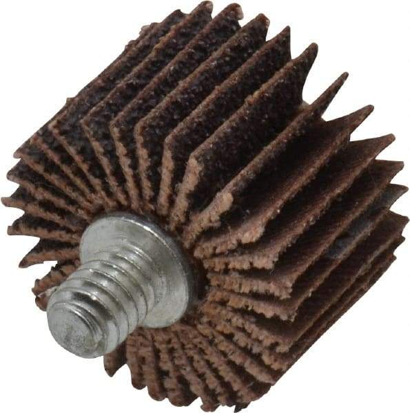 Norton - 1" Diam x 5/8" Face Width, Medium Aluminum Oxide Coated Mounted Flap Wheel - 1/4-20 Threaded Mount, 60 Grit, Cloth Backing, 30,000 Max RPM - Eagle Tool & Supply