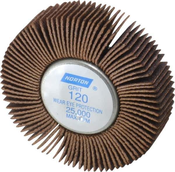 Norton - 2" Diam x 1/2" Face Width, Fine Aluminum Oxide Coated Mounted Flap Wheel - 1/4-20 Threaded Mount, 120 Grit, Cloth Backing, 23,000 Max RPM - Eagle Tool & Supply