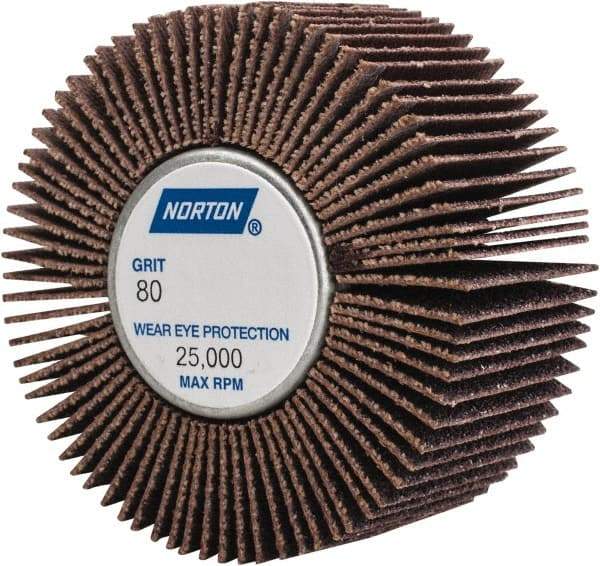 Norton - 2" Diam x 1" Face Width, Medium Aluminum Oxide Coated Mounted Flap Wheel - 1/4-20 Threaded Mount, 80 Grit, Cloth Backing, 23,000 Max RPM - Eagle Tool & Supply