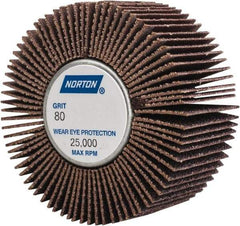 Norton - 2" Diam x 1" Face Width, Medium Aluminum Oxide Coated Mounted Flap Wheel - 1/4-20 Threaded Mount, 80 Grit, Cloth Backing, 23,000 Max RPM - Eagle Tool & Supply
